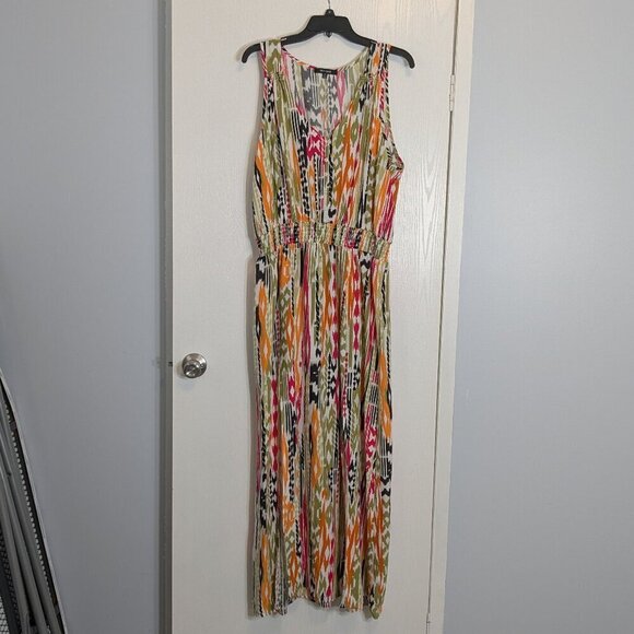 NEW LOOK Pink/Green V-Neck Sleeveless Maxi Tank Dress; Side Slits; Size 2X - Picture 1 of 4